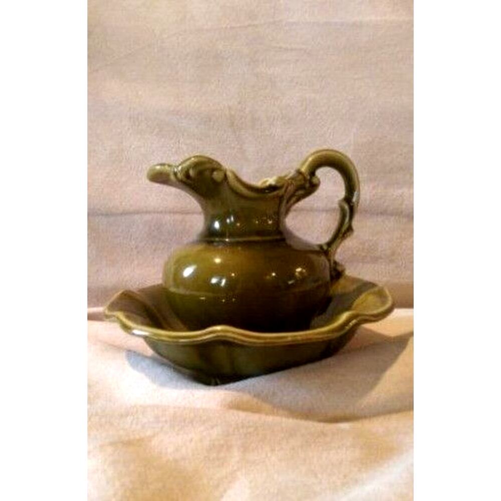 Vintage McCoy USA Ceramic Pitcher Bowl Basin - Moss Avocado Green